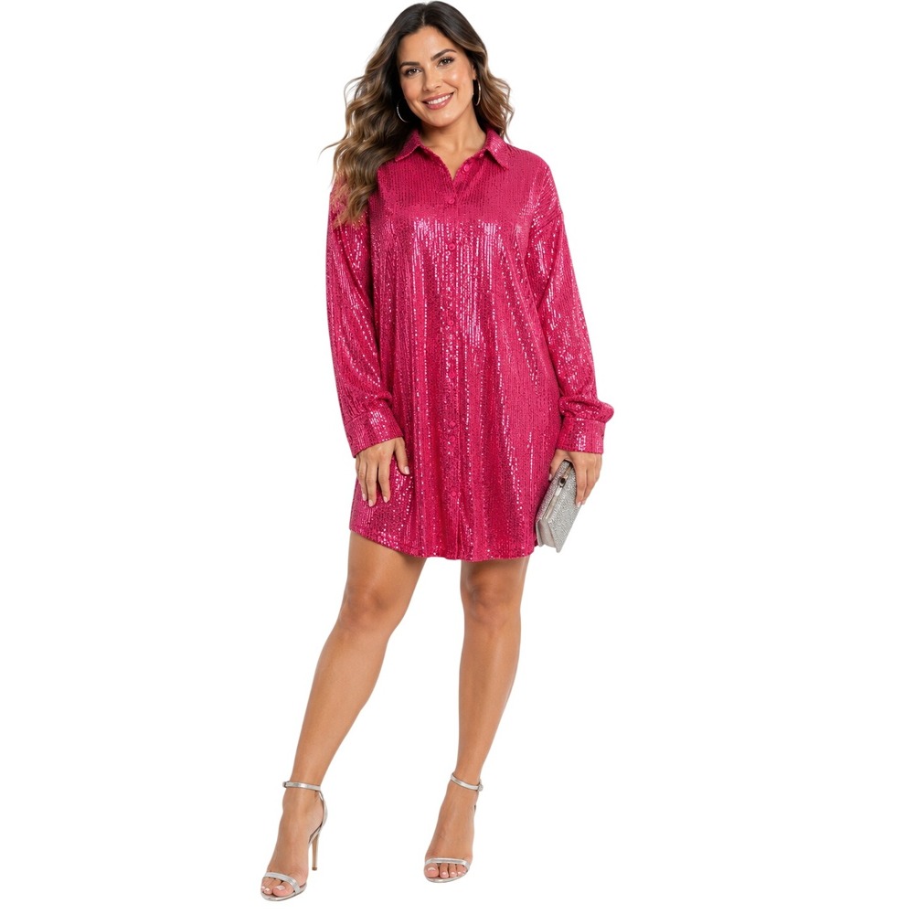 Fashion Nova Lumina Hot Pink Sequin Shirt Dress M Button Front Long Sleeve Mini